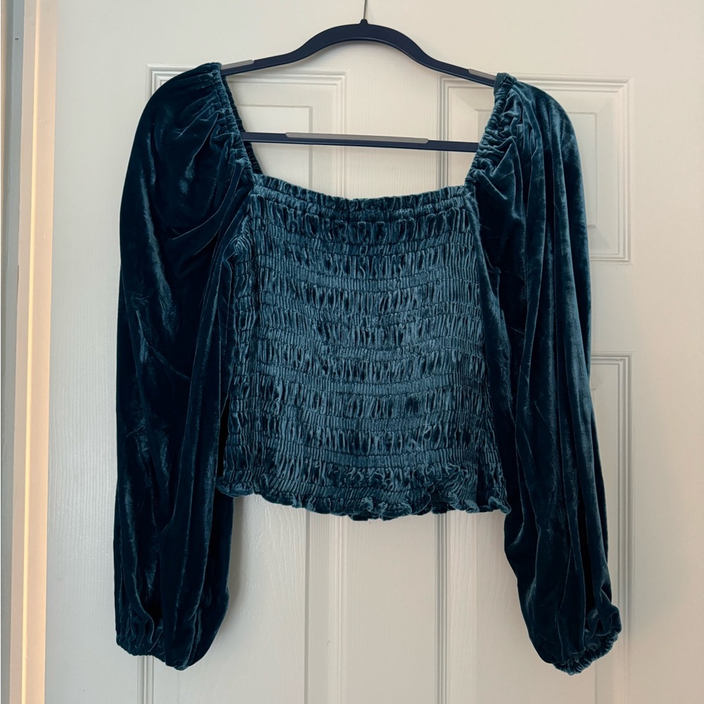 By Anthropologie Smocked Puff Sleeved Velvet Blouse